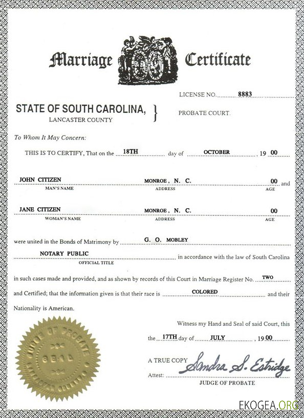 Modèle de certificat de mariage aux États Unis en Caroline du Sud au format PSD
